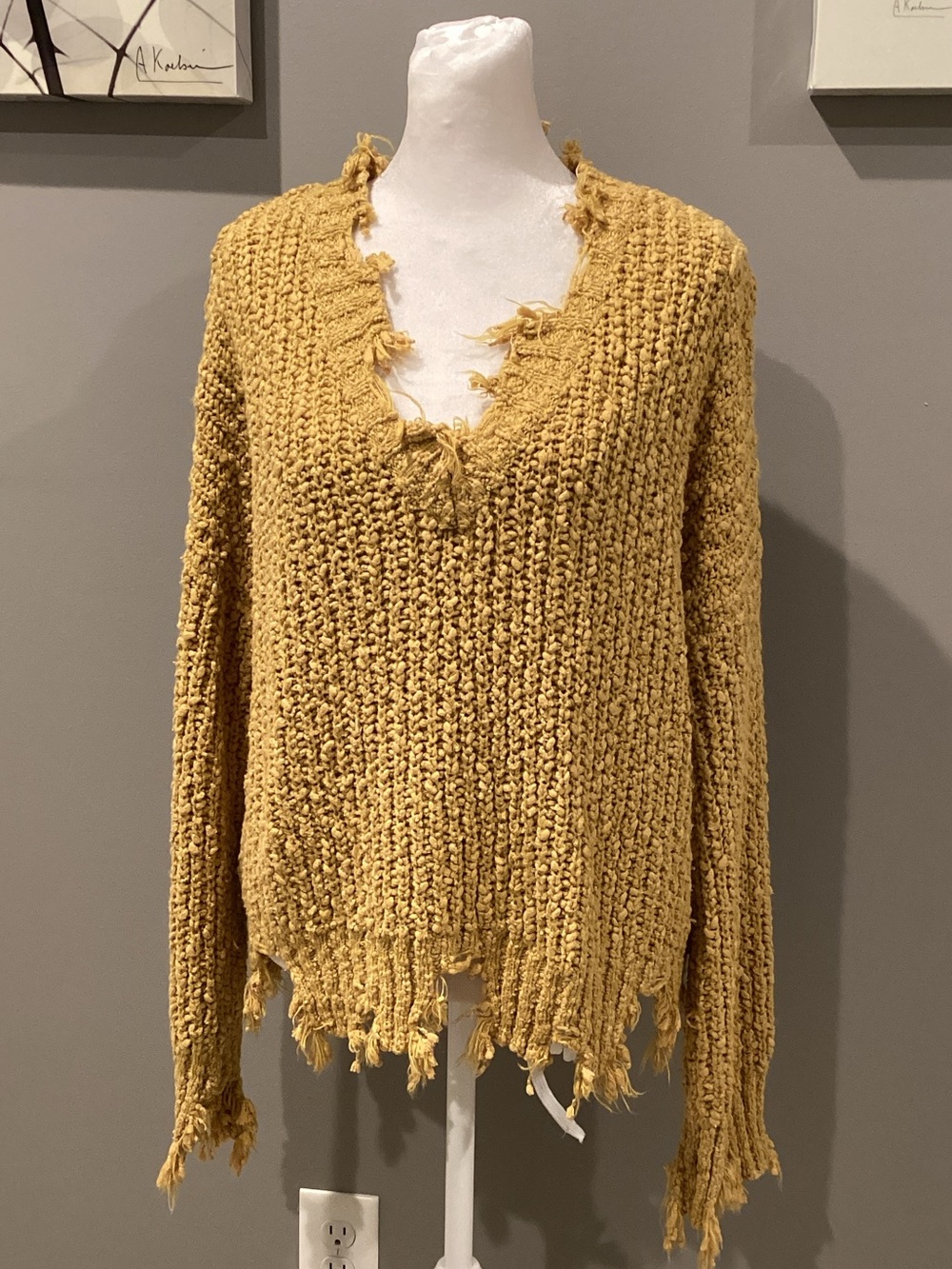 Wishlist Mustard Frayed V-Neck Chunky Knit Sweater